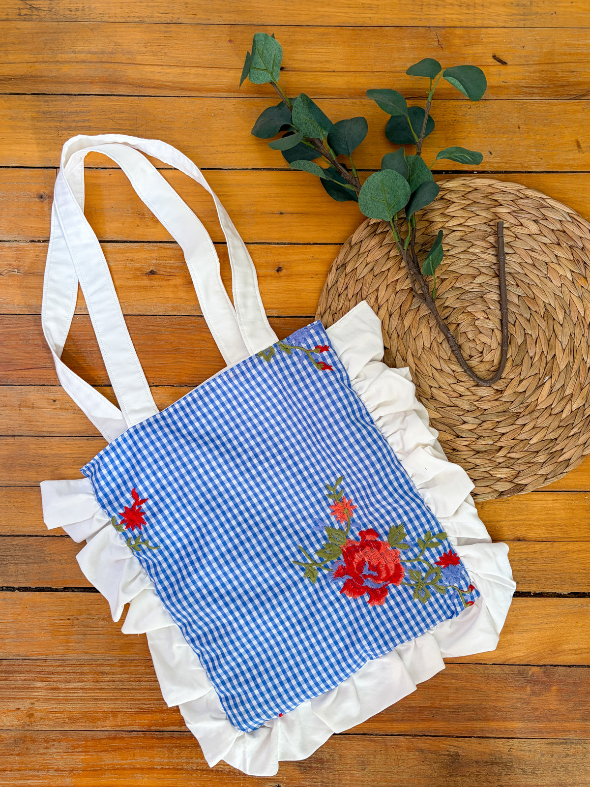 Blue Gingham Pleasant Tote With Embroidered Flowers πΉπ